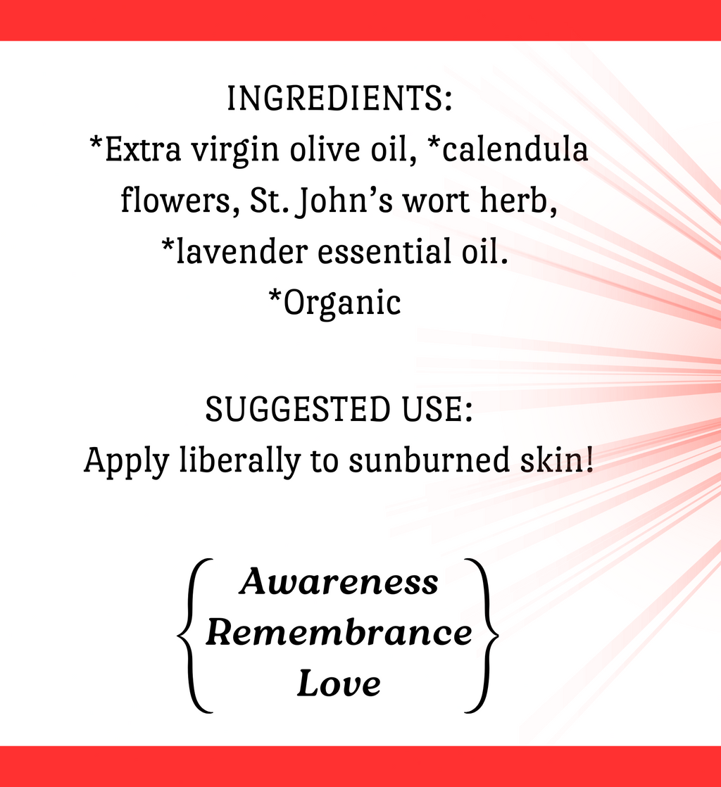 A product label for Azure's Apothecary After Sun Soothing Herbal Oil, featuring a white background with red borders, pink sunburst rays, and black text detailing ingredients, suggested use, and brand information.