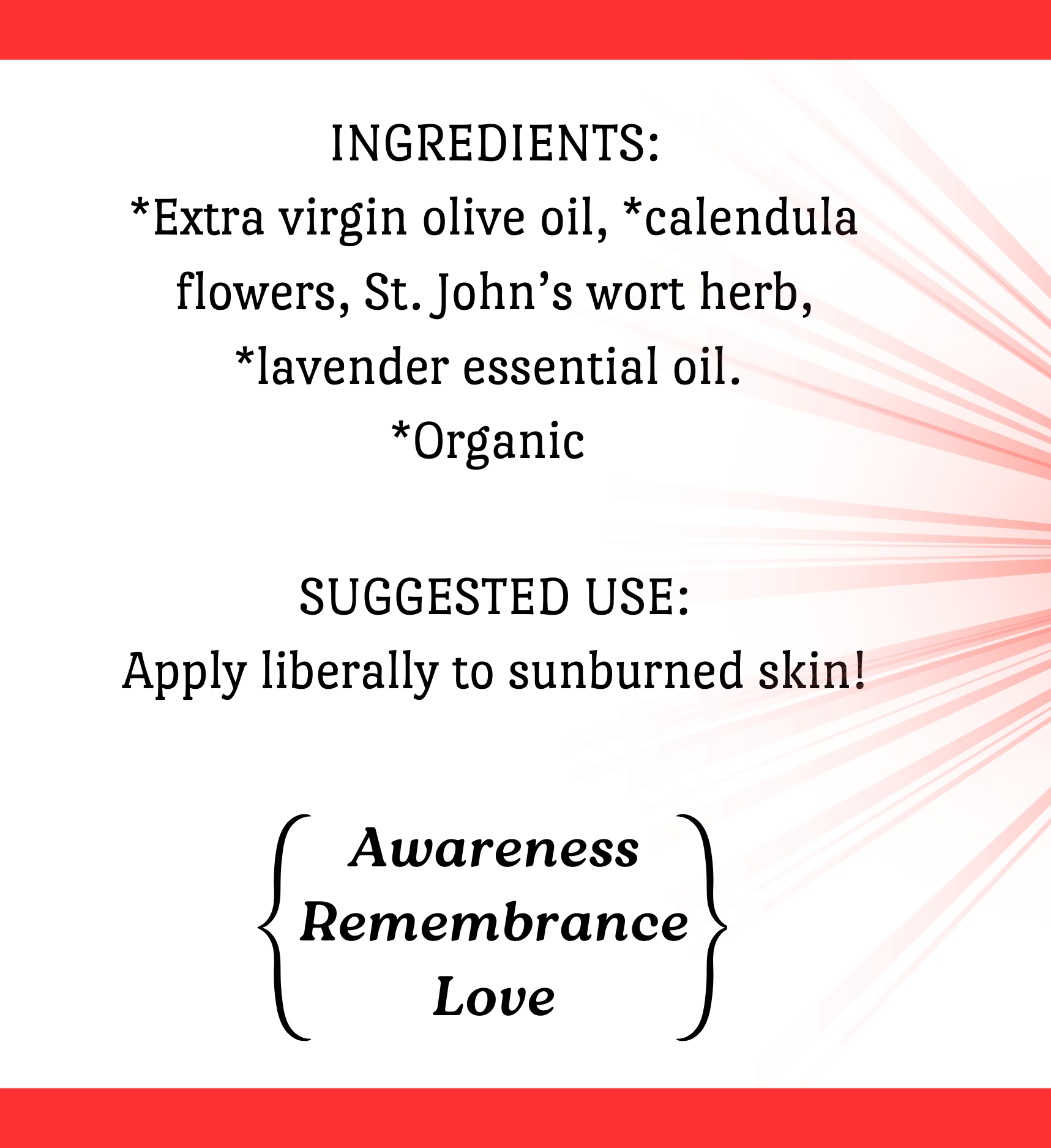 A product label for Azure's Apothecary After Sun Soothing Herbal Oil, featuring a white background with red borders, pink sunburst rays, and black text detailing ingredients, suggested use, and brand information.