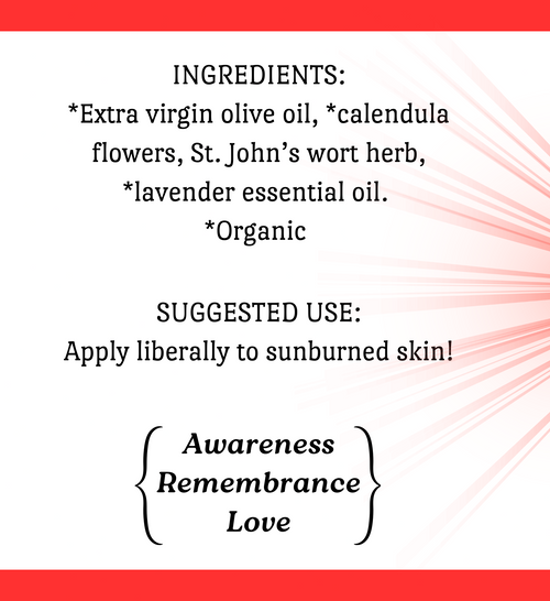 A product label for Azure's Apothecary After Sun Soothing Herbal Oil, featuring a white background with red borders, pink sunburst rays, and black text detailing ingredients, suggested use, and brand information.