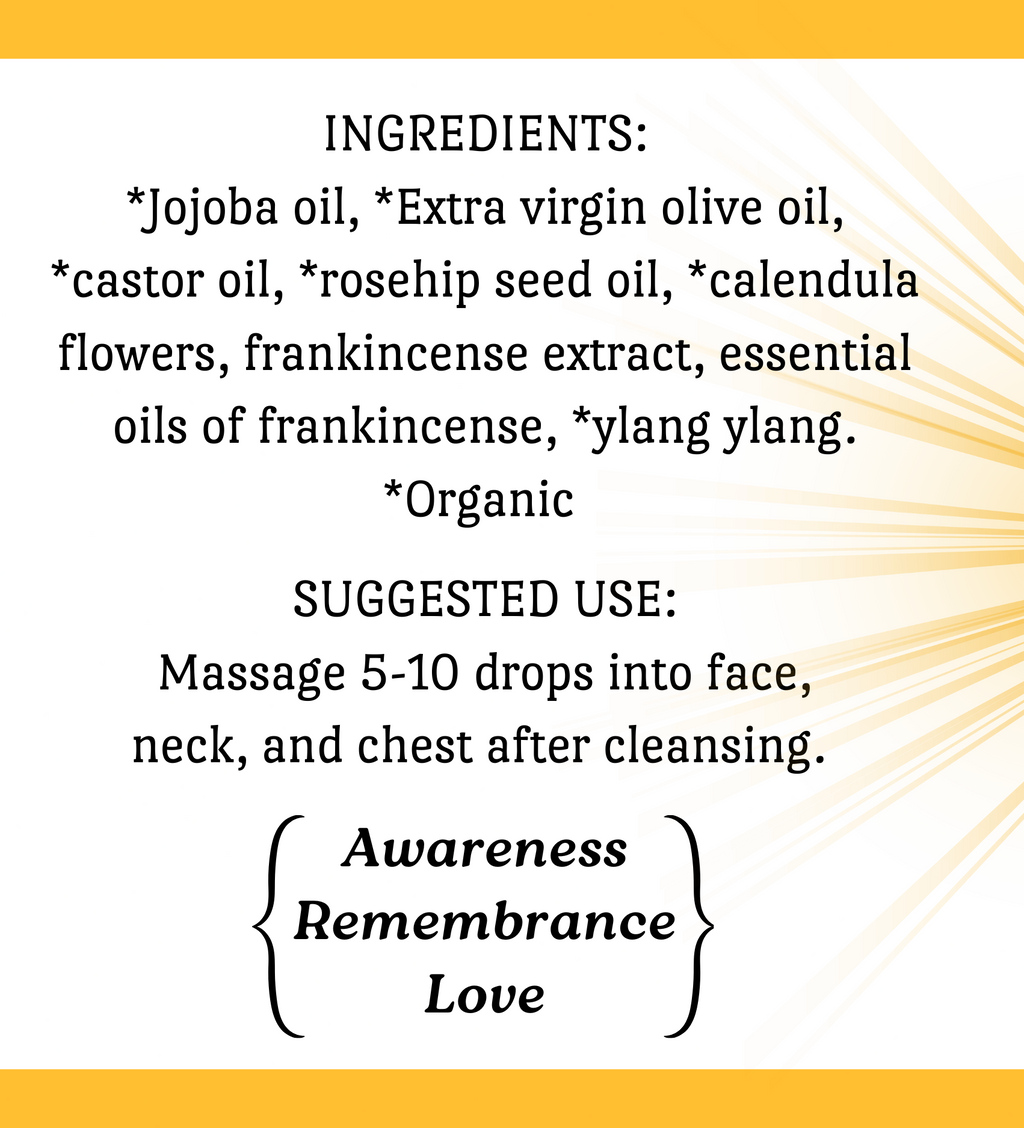 A square product label for Azure's Apothecary Golden Glow Herbal Beauty Oil, featuring a yellow and white design with a sunburst graphic, ingredients list, suggested use, and social media details.