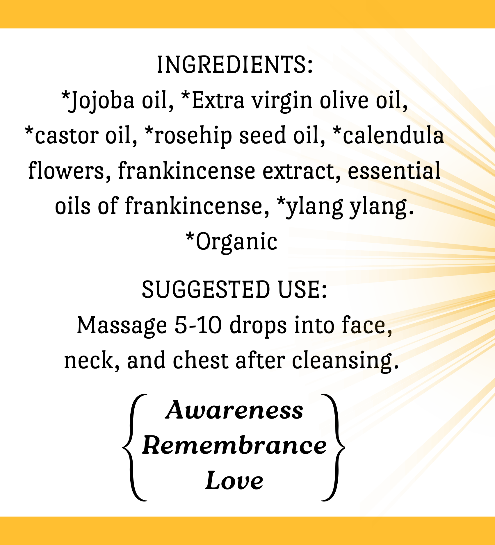 A square product label for Azure's Apothecary Golden Glow Herbal Beauty Oil, featuring a yellow and white design with a sunburst graphic, ingredients list, suggested use, and social media details.