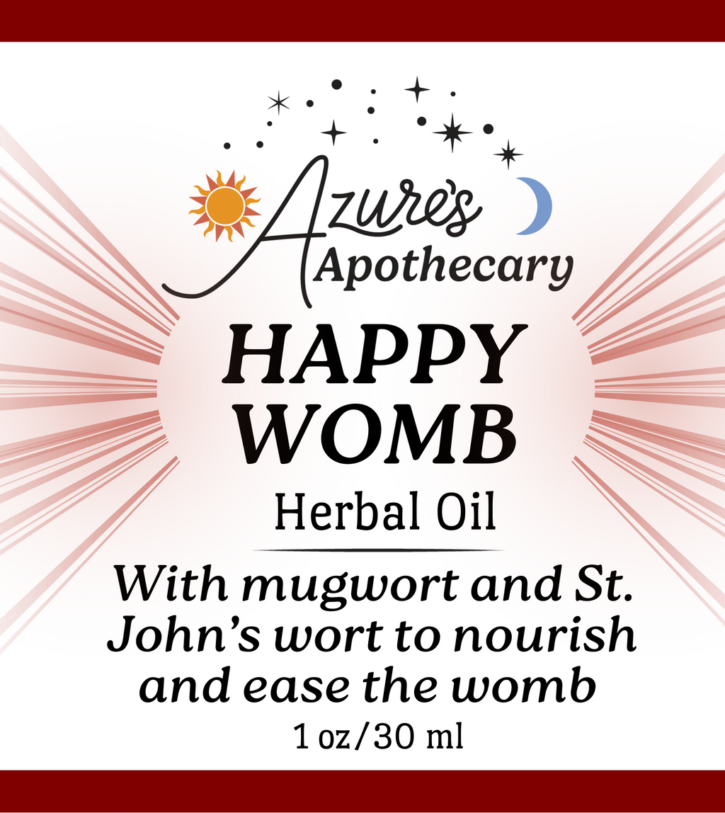 A product label for Azure's Apothecary Happy Womb Herbal Oil, 1 oz / 30 ml. The label features a white background with red accents, black text, and a central pink circle.