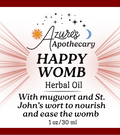 A product label for Azure's Apothecary Happy Womb Herbal Oil, 1 oz / 30 ml. The label features a white background with red accents, black text, and a central pink circle.